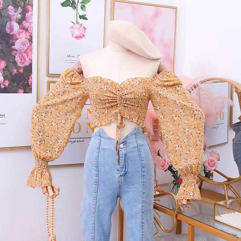 Women Off Shoulder Chiffon Blouse Top Crop Lolita Floral Puff Sleeve Vintage