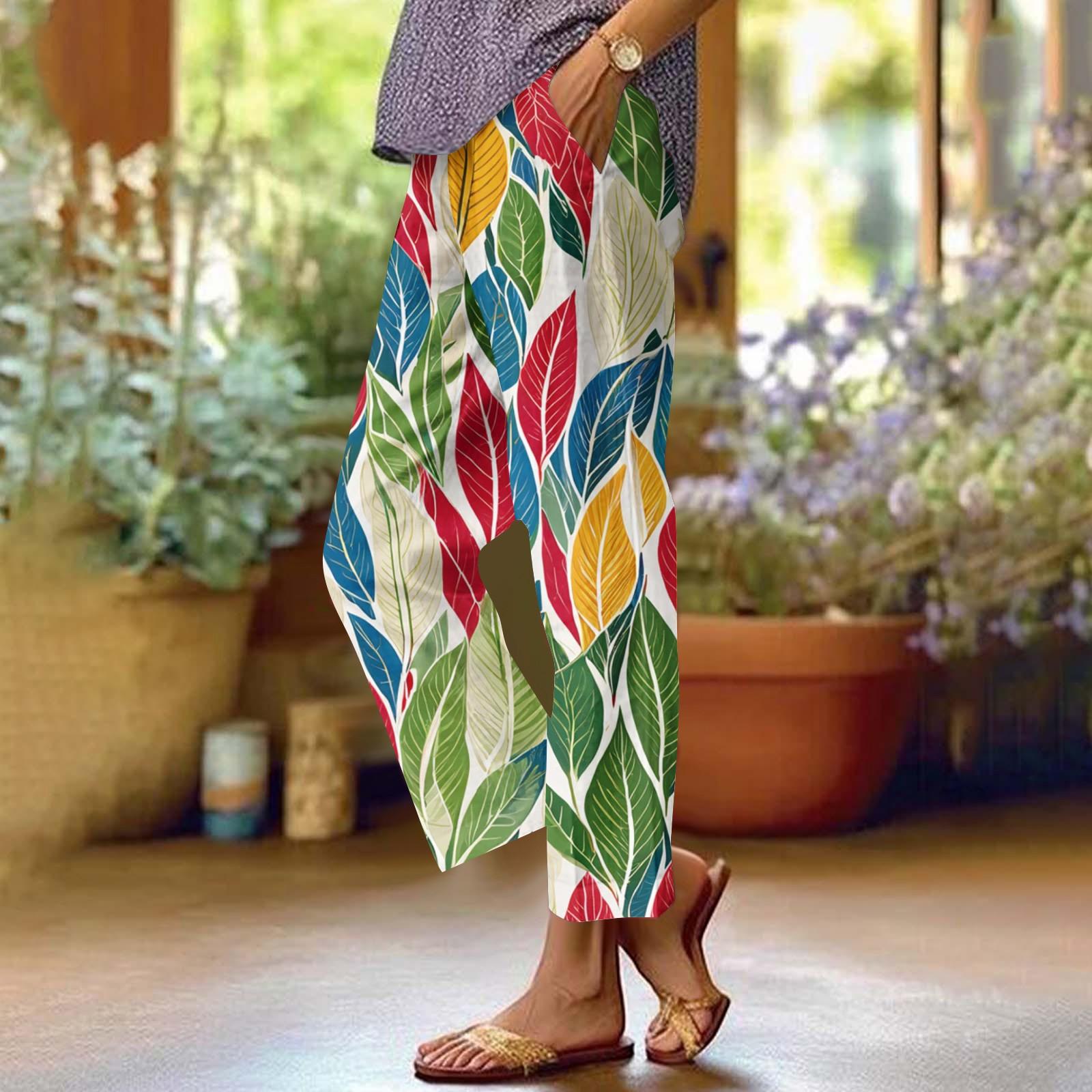 

Women s Casual Fashion Floral Printed Straight Leg Pants Pants With Pockets L