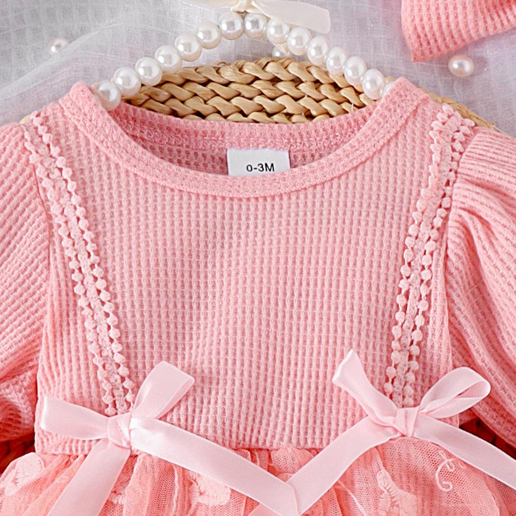 Baby- und Kleinkindkleidung Koreanischer Stil Herbst Waffel Laternenärmel Netz-Strampler mit offenem Schritt + Fußsocken + Kopfbedeckung