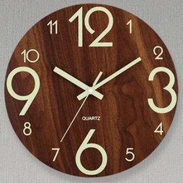 Luminous Wood Silent Glow in Dark Nordic Fashion Wall Non Ticking Clock With Night Light
