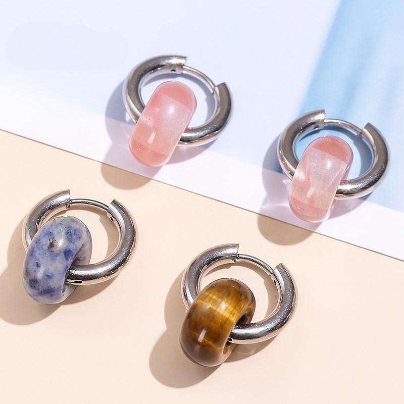 Change Better Natural Stone Ágata Turquesa Prata Cor Brincos de Argola Mulheres Aço Inoxidável Donut Chunky Pendurado Fivelas de Orelha