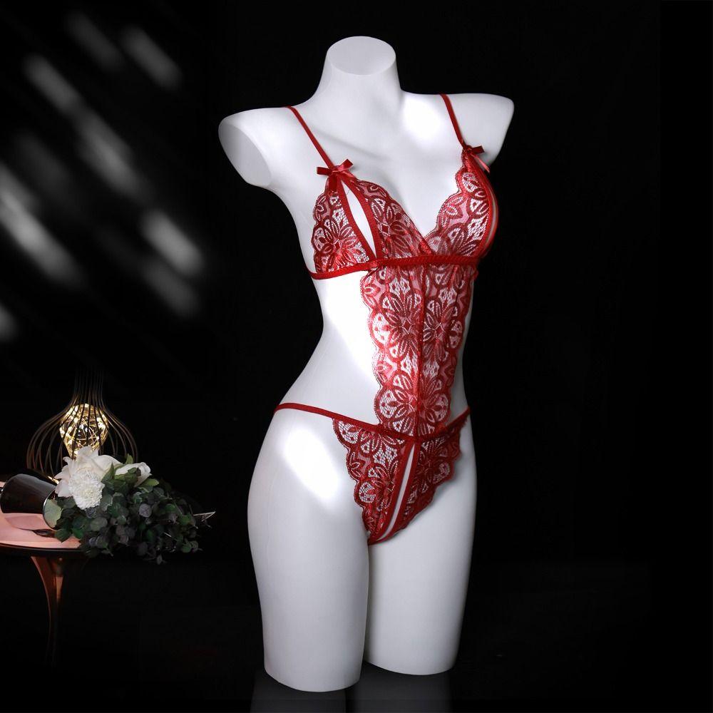 Deep V Neck Lace Bow Bodysuit Mesh Hollow Lace Sling Nightwear Women Lingerie  Home