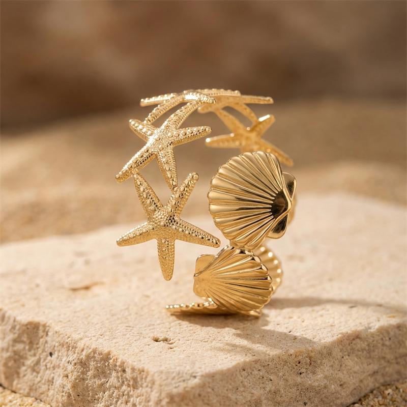 Classic Gold Color Starfish Shell Splicing Upper Arm Bracelet for Women Metal Star Open Armlet Boho Summer Jewelry Accessories