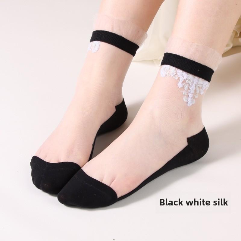 

5 пар модных прозрачных шелковых женских носков с кристаллами, женские носки с кристаллами и цветами, женские носки с кристаллами и шелком 5 Pairs чёрный/белый