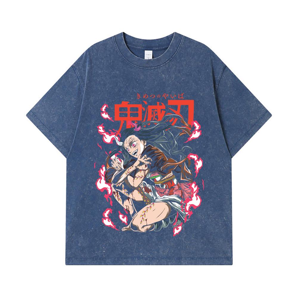 275 GSM Washed T-shirts 100% Cotton Demon Slayer V71 Nezuko Demon Print Unisex Heavy Cotton T Shirt