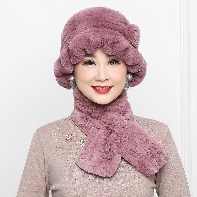 Rex Rabbit Hair Hat Children's New Mother Hat Winter Warm Korean Version Grandma Hat Scarf Middle and Old Age Hat Scarf