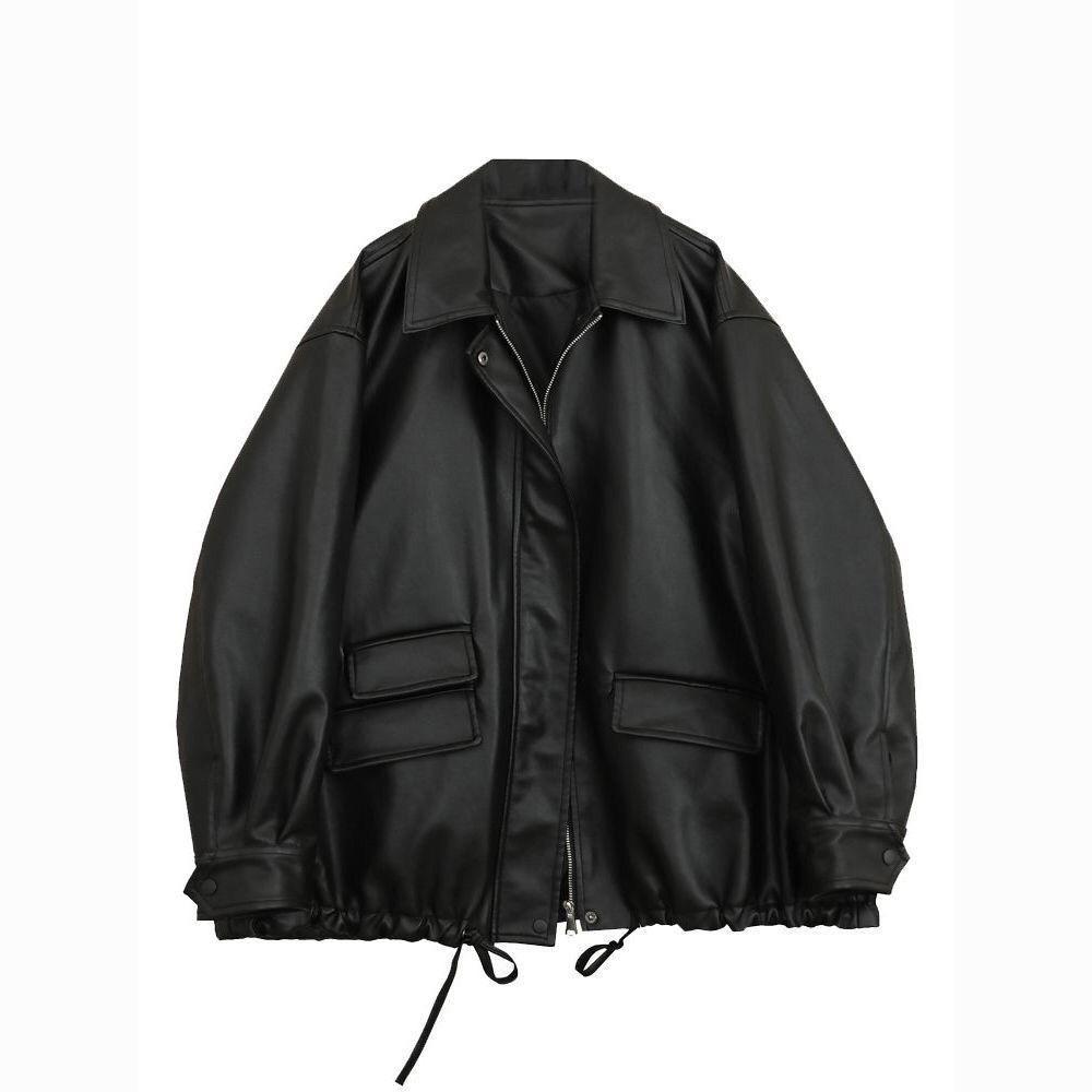 

Уличная одежда Черные пальто и куртки из искусственной кожи PU с карманами и длинным рукавом для женщин Y2K Gothic Осень-Весна Женские куртки Верхняя одежда L чёрный