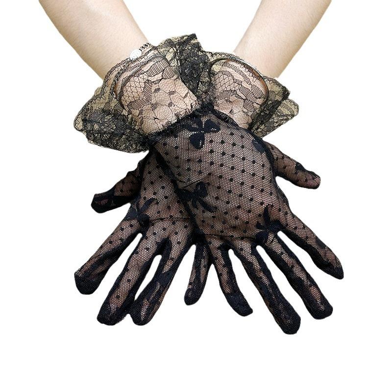 Ladies Summer Sunscreen Gloves, Mesh Bow, Black Lace Etiquette Gloves, Wedding Gloves