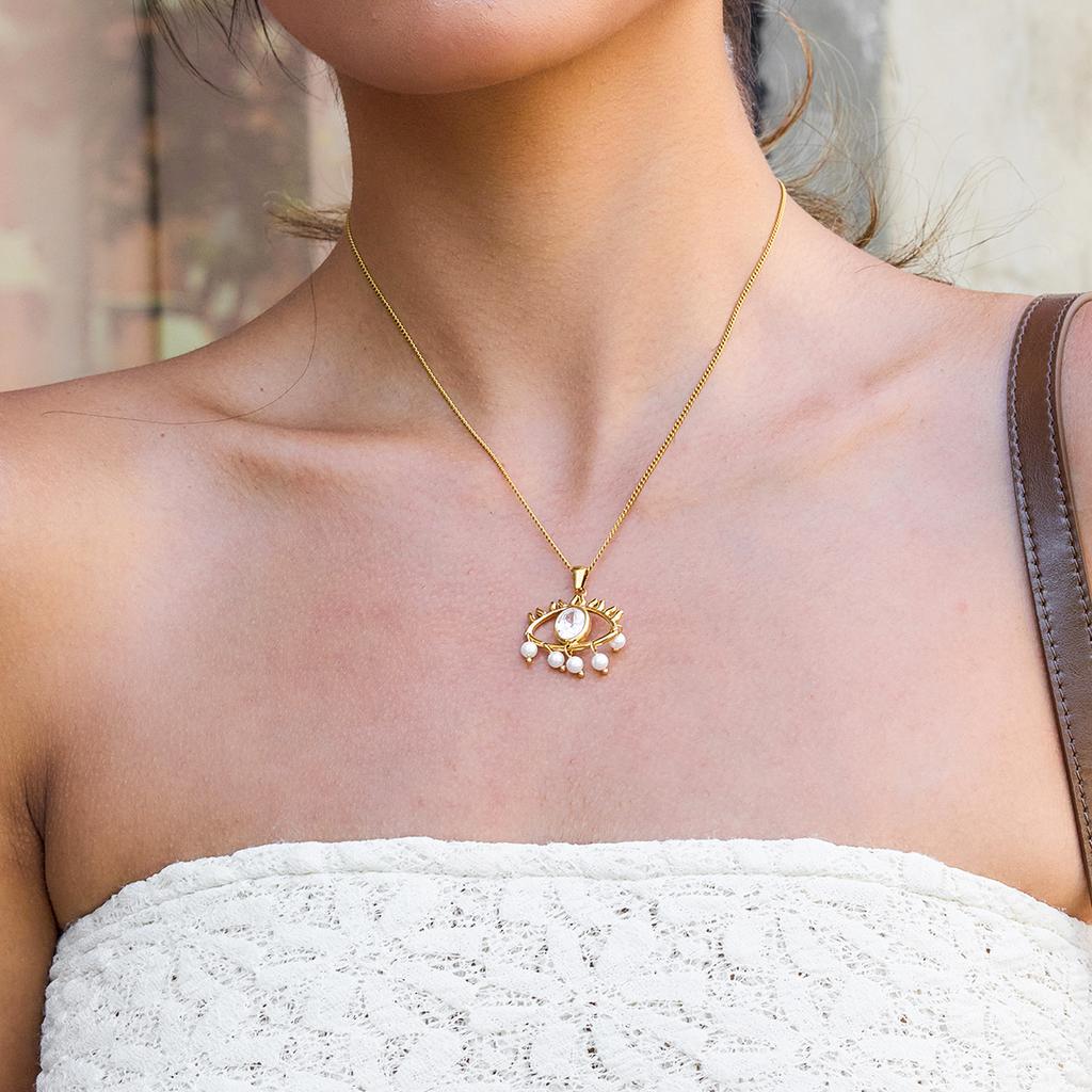 Youthway Zircon Imitation Pearl Evil Eye Pendant Necklace For Women  Gold Plated Stainless Steel Necklace Fashion Jewelry