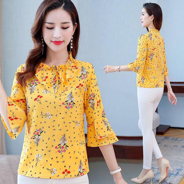 

Summer New Fashion Fragmented Chiffon Shirt Women s Print Half Sleeve Top Bow Ruffles Bottoming Blouse M-5XL M жёлтый