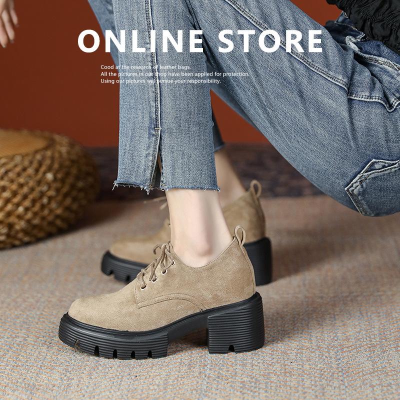 10Cm Small Inner Height Increase High Heel Thick Sole Lace-up Small Leather Shoes Women's New Single Shoes