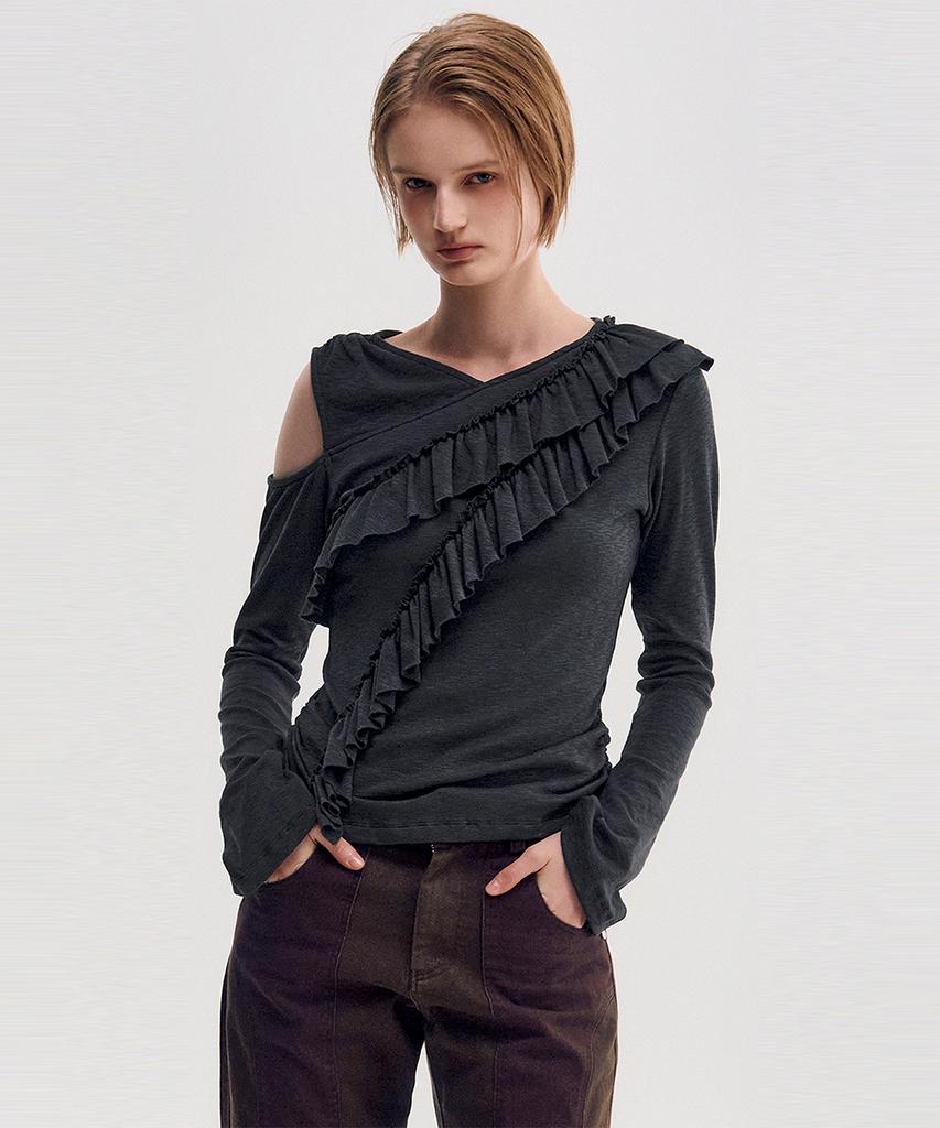 Kimjisu Diagonal Ruffle Jersey Top _ Charcoal