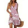 Women's Dress V-neck Sleeveless Casual Floral Print Hem Pleated Dress