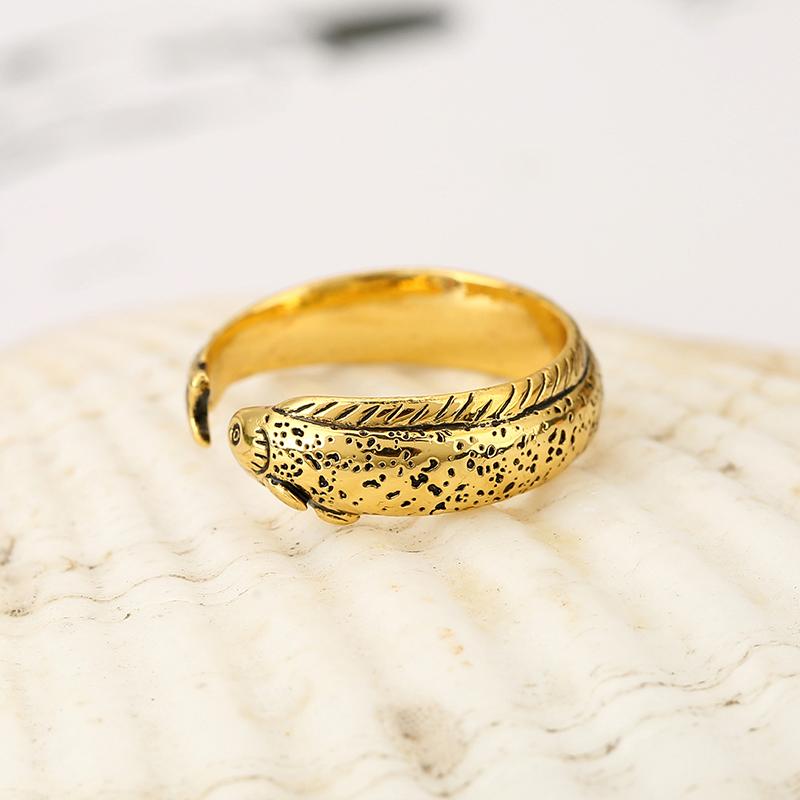 Niche Simple Fish Shaped Ring Distressed Gold Vintage Adjustable Ring Silver Alloy Retro Open Ring Unisex