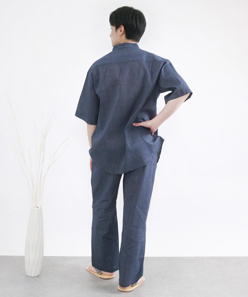[KYOETSU] Men's Jinbei Shirt (Sold Separately), Shijira Weave, Men's Pajamas, Cotton, Top and Bottom Set (2. Simple Thin Stripe X Navy (Long Pants), L