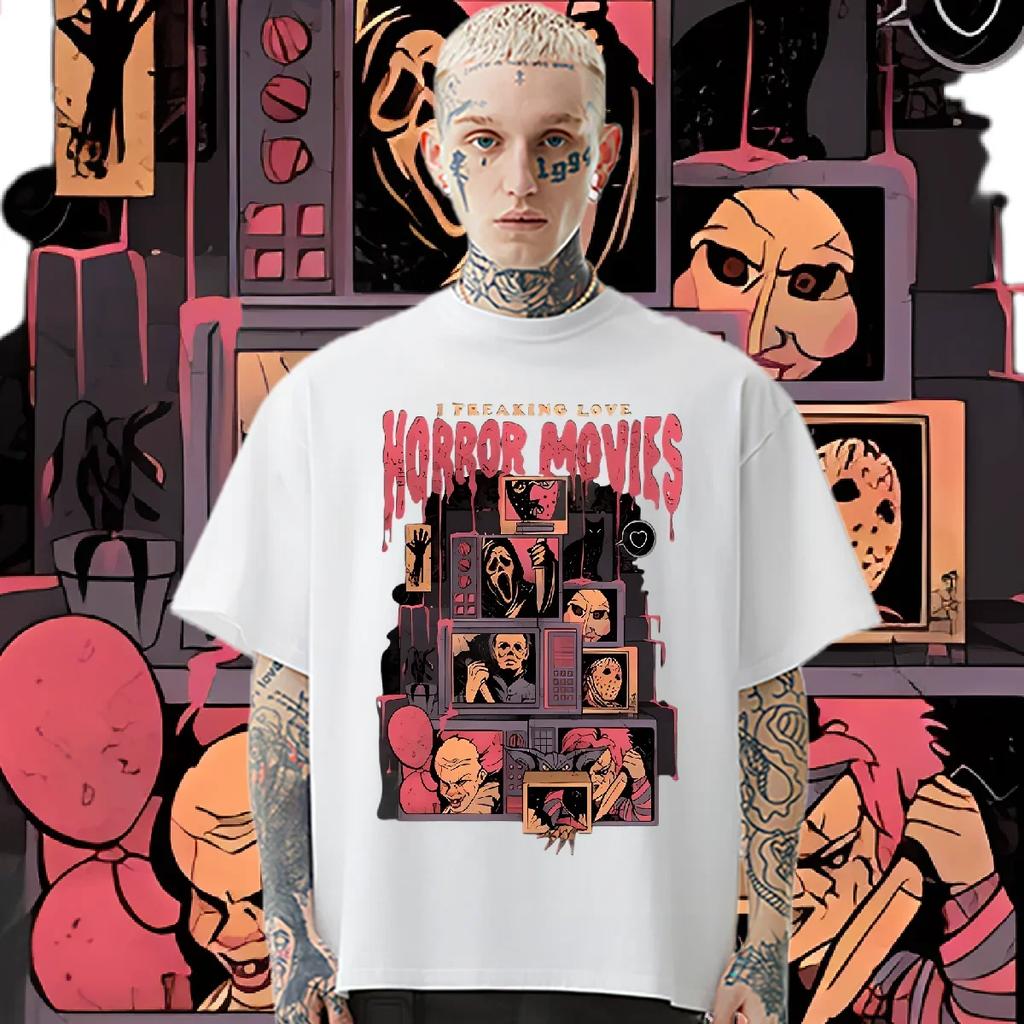 Horr O-Neck Oversize Loose Shirt Retro Harajuku For Men Tops Graphic Hip Hop T-shirt Street Style T Shirt Comfy Stretchy Clothes