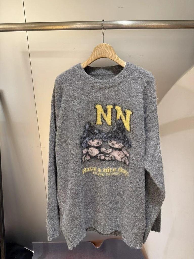 Mohair Blend Long Sleeve Sweater - Mushroom Pattern with Two Bears Design