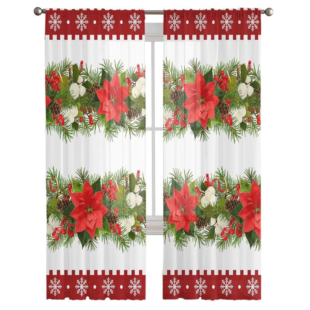 Weihnachten Blume Schneeflocke Kiefer Beere Fenster Tüll Vorhänge für Wohnzimmer Küche Weihnachten Home Decor Sheer Voile Vorhänge