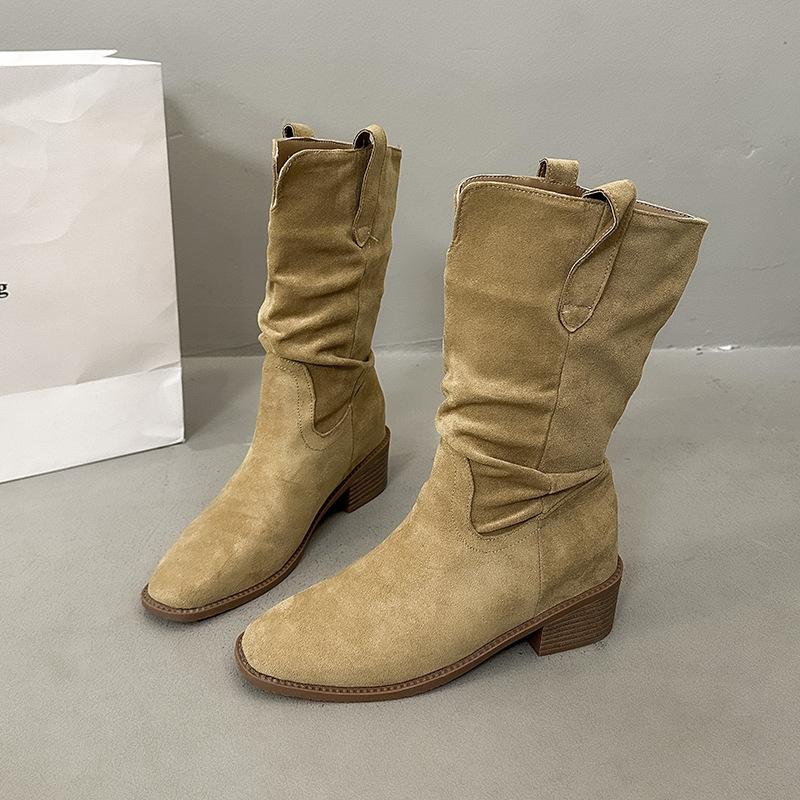 

2025 взрыв новые завышенные замшевые западные ботинки с ворсом женские осенне-зимние в стиле ретро маленький толстый каблук средняя голень ботинки Мартин 40 хаки