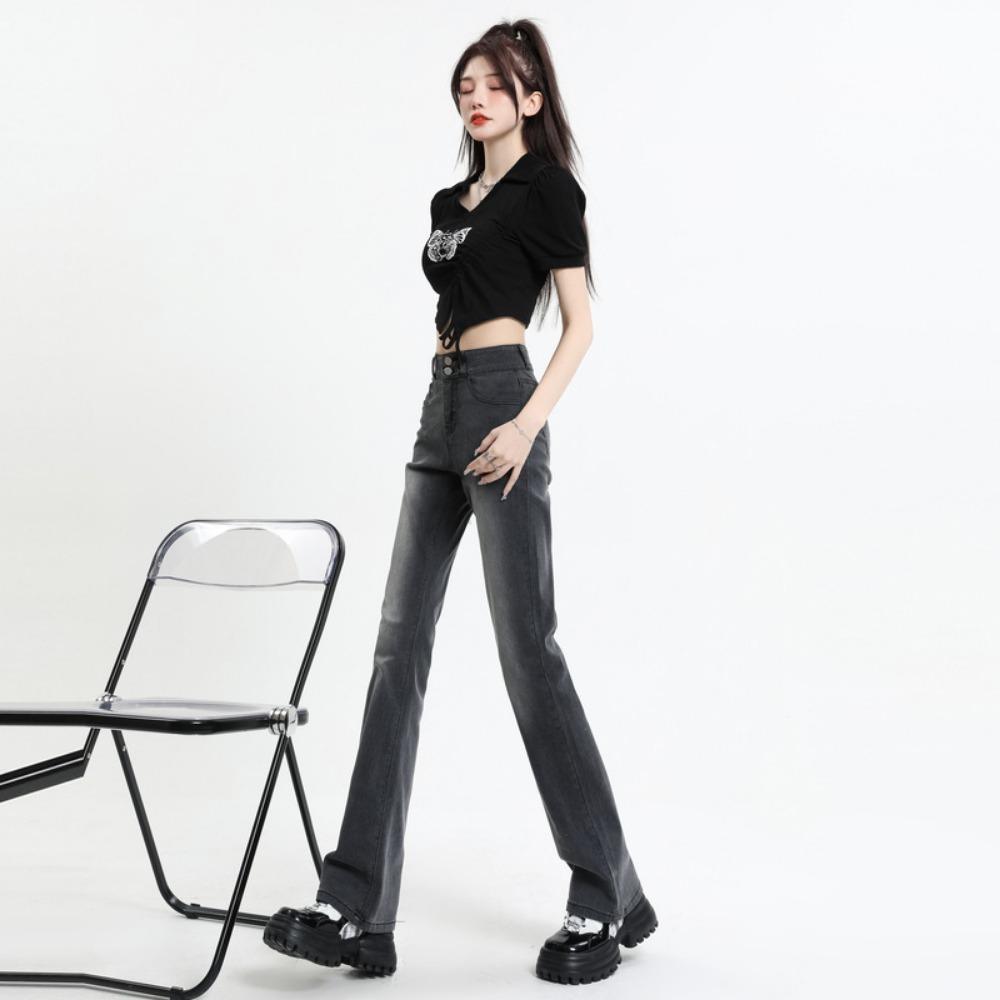 Retro Schlagjeans 2025 neues Design hohe Taille und dünne schwarze graue Bodenwischjeans Damen