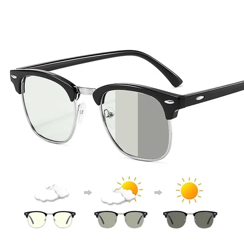 Bai Fen Bai Electronic 3C Men's Blue/Light Semi Rimless Photochromic Glasses Anti Blocking Color Changing Eyeglasses Square Computer Ray Retro Wo Eyewear