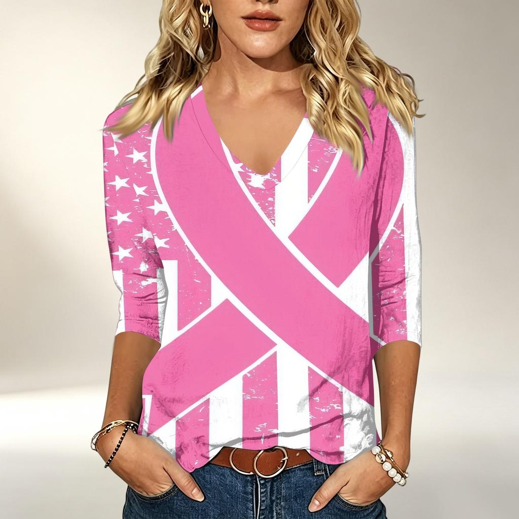 Women's V-Neck Printed 3/4 Sleeve Blouse Casual Top