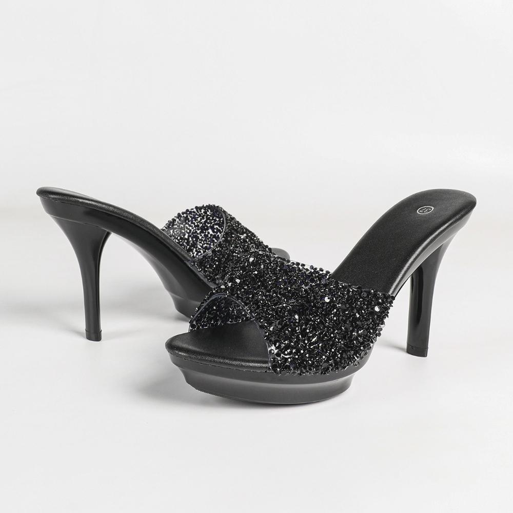

10.5CM 2026 New Sequin High Heel Slippers, Women Thin Heel Dress Slides, Summer Party Club Casual Shoes LFD-19881-C2 43 чорний