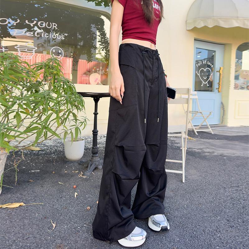 Retro black overalls women's autumn new vertical pocket lazy wide-leg casual quick-drying sweatpants