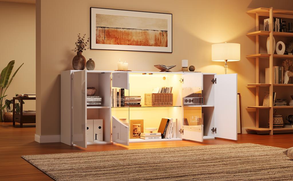 160×35×70cm Sideboard with RGB LED Lighting, White High Gloss, Display Cabinet 4 Doors (2 Safety Glass), Adjustable Shelves, 6 Storage Compartments