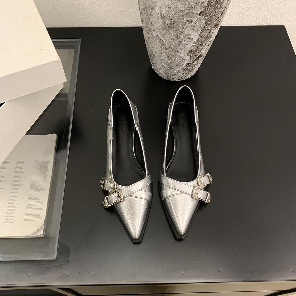 Fashion Pointed Toe Women Loafers Black Silver Brown Mid Heeled Belt Buckle 2024 New Arrivals Fashion Dress Shoes Woman Size 35-39 Pumps