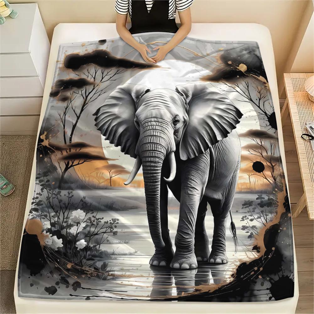 1Pc Africa Elephant Print Flannel Blanket, High Quality Comfortable for All Seasons, Home Decor, Warmth and Comfort, Perfect for Christmas Gifts