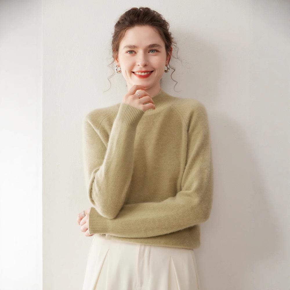 Women's Cashmere Double-Ply Thick Knit Sweater - Half-High Neck, Drop Shoulder, Versatile Solid Color, Autumn/Winter Warm Base Layer