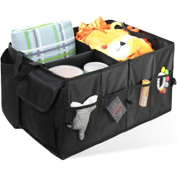 Car Trunk Backseat Organizer, Waterproof Large Capacity Auto Storage Organizer, Collapsible Multi Compartment Trunk Organizer with Storage Bag,