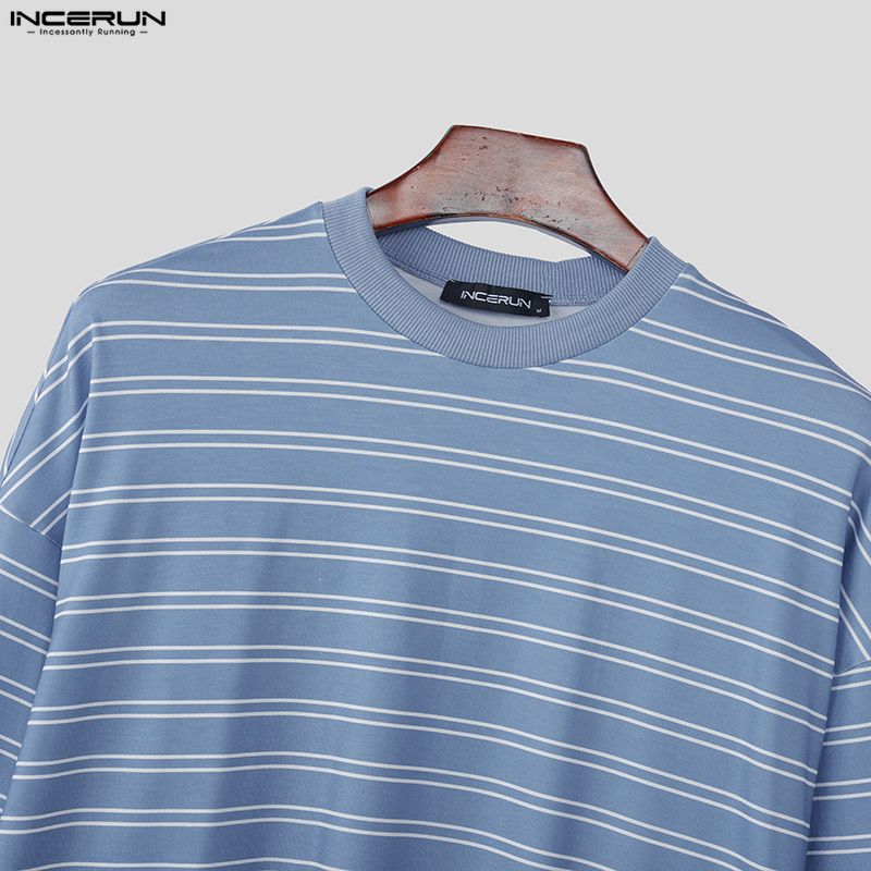INCERUN Oversized Men Long Sleeve Striped Loose Casual Tops T-shirts