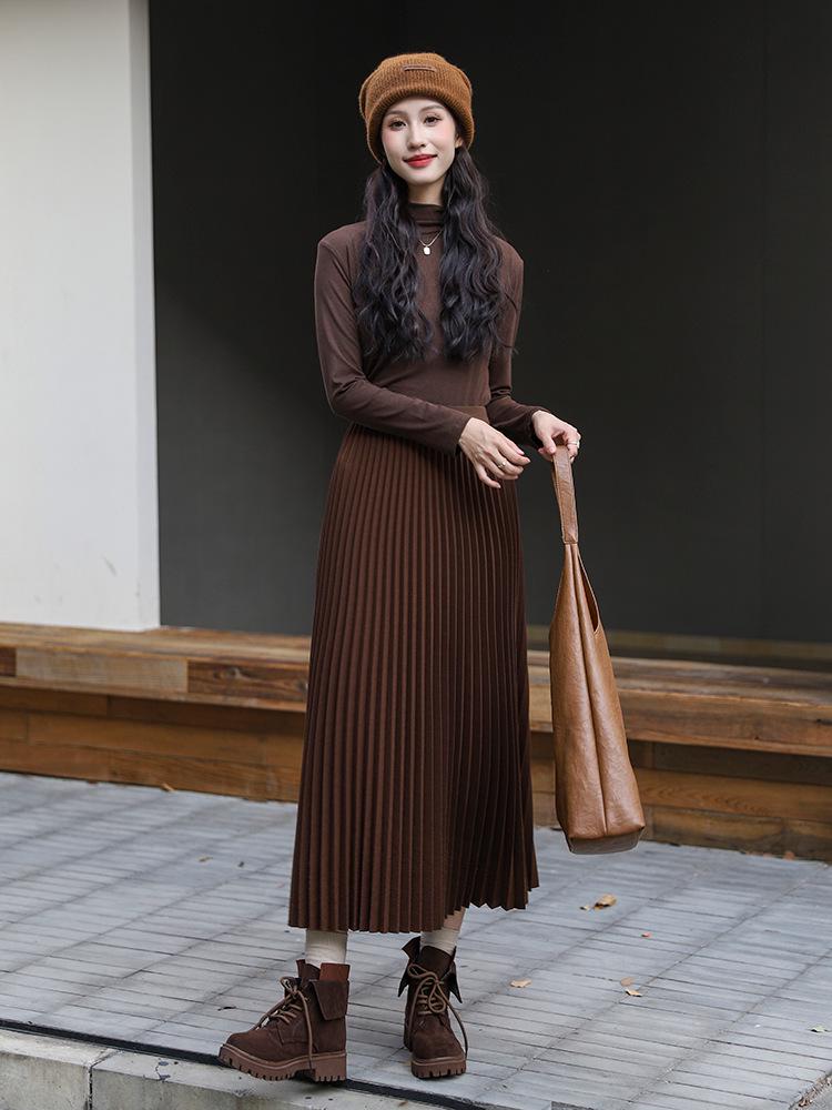 Winter 2024 Women's High-Waisted Wool Blend Pleated Midi Skirt – Slimming A-line Casual Style