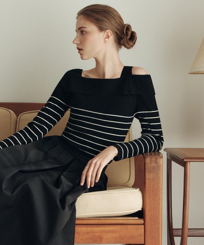 ZEROSTREET [3 Colors] Striped Asymmetrical Off-Shoulder Sweater