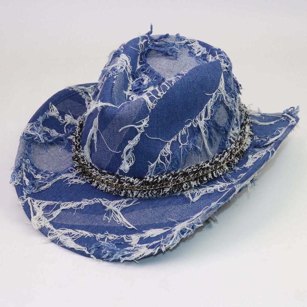 European and American Retro Blue Western Cowboy Hat Women's Spring Summer Travel Sun Protection Big Brim Sun Hat Burr Edge Knight Hat Men