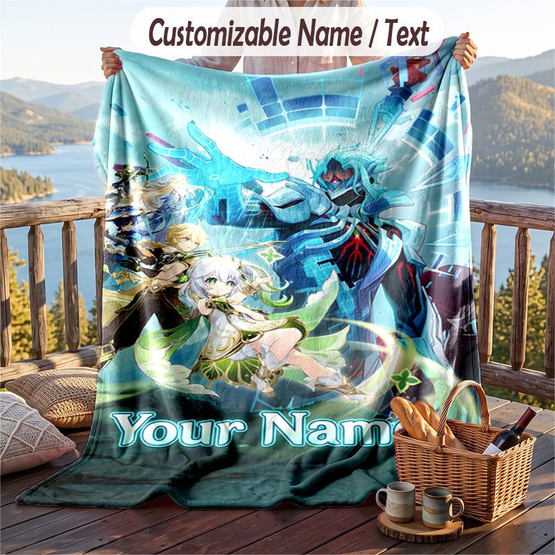 Custom Text Flannel Throw Blanket, Lightweight Cozy Bed Sofa BlanketGenshin Impact