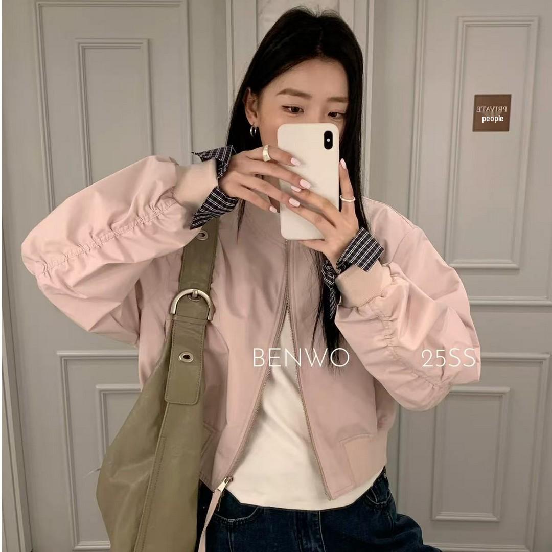 

Женская короткая бейсбольная куртка в клетку пэчворк - Весна/Осень 2025, маленькая, универсальная, повседневная, стиль хай-энд Medium розовый