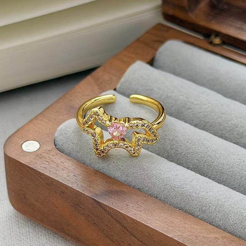 Medieval Vintage Pink Zircon Colored Treasure Open Ring Niche Light Luxury High Sense Stacked With Diamond Rings Woman