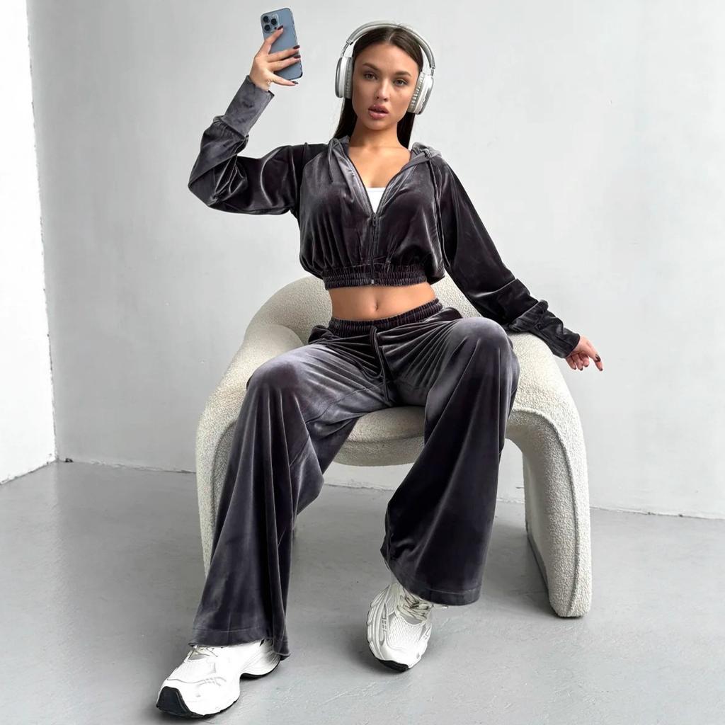Fashion Women's Clothing Suit Velvet Solid Color Autumn and Winter Casual Zipper Stand-up Collar Long-sleeved Trousers Two-piece Set Women