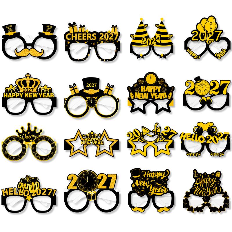 2027 Happy Year Party Paper Glasses 8Pcs Black Gold Glitter For Years Eve Gatherings Po Booth Props