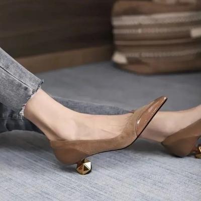 Nuovo Temperamento Scarpe Singole Retro Punta a Punta Bocca Bassa Tacco dalla Forma Speciale Antiscivolo Versatile Tacchi Alti
