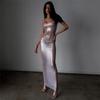2024 Spring/Summer Sexy See-Through Mesh Silver Bodycon Spaghetti Strap Dress for Women