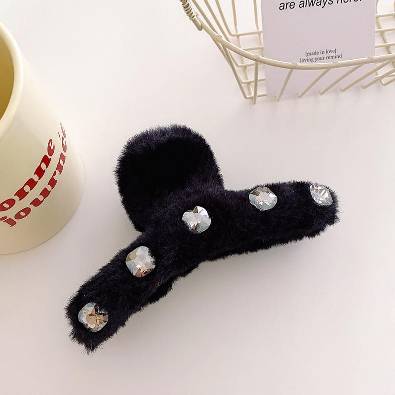 Chic Korean Style Soft Plush Hair Claw Clip With Sparkling Rhinestones For Women