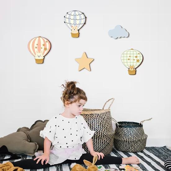 5 Pcs Star Cloud Hot Air Balloon Nursery Decor Boho Wooden Wall Hanging Sign for Bedroom Classroom Playroom Baby Shower Decoration