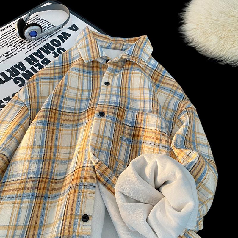 Volná podzimní a zimní americká retro kostkovaná nadměrná velikost klopa plus samet s dlouhým rukávem košilová bunda pánská a dámská topy