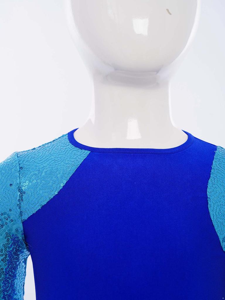 Girls Praise Dance Dress Long Sleeve Round Neck Design with Sparkling Sequins Color Block Asymmetrical Robe