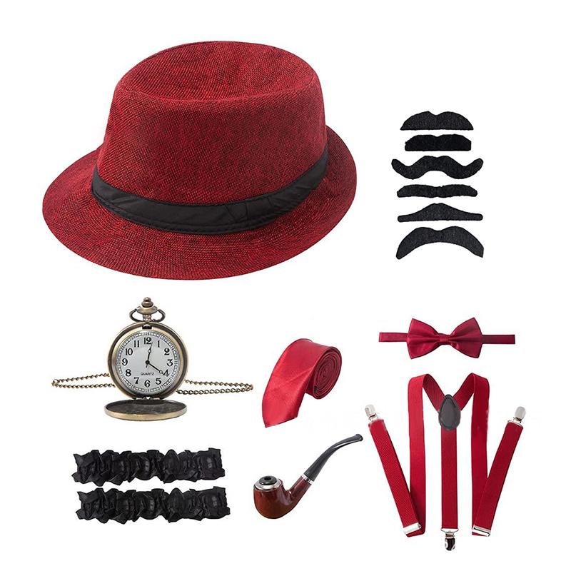 1Set 1920's Cosplay Costume Hat Pocket Watch Neck Tie Moustache Bowtie Gatsby Masquerade Accessories