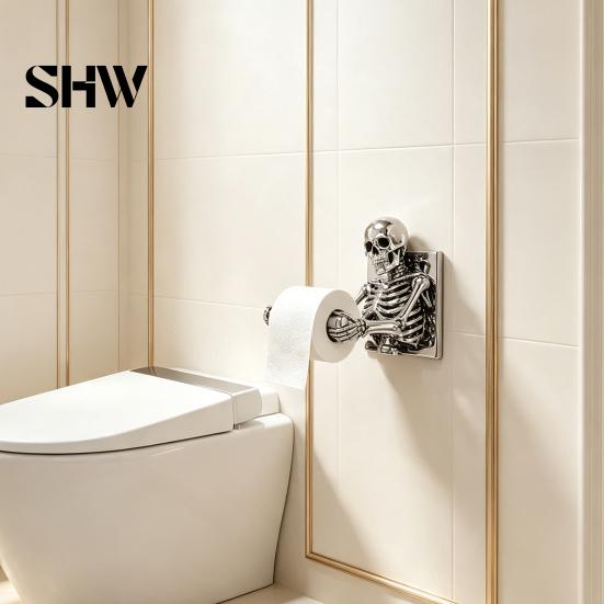 Dark Aesthetic Bathroom Fixtures Skeleton Toilet Paper Holder, Wall Mount Skull Tissue Gothic Spooky Restroom Art Roll Organizer Stand, Halloween